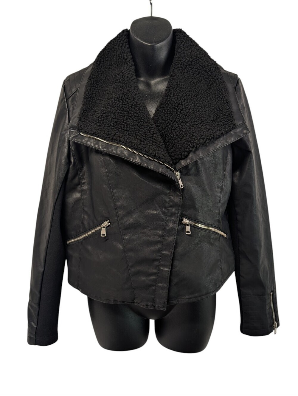 Baccini Black Faux Leather Sherpa Collar Moto Jacket Asymmetrical Zip Size M